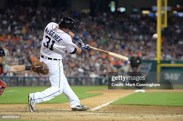 Casey McGehee of the Detroit Tigers bats during the game against the Boston Red Sox at Comerica Park on August 20, 2016 in Detroit, Michigan. The Red...