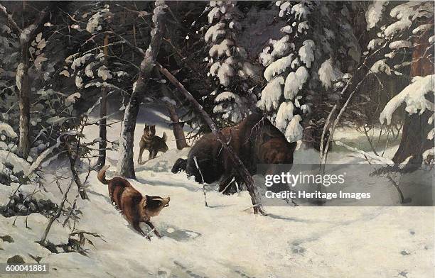 The Bear Hunt. Private Collection. Artist : Pryanishnikov, Illarion Mikhailovich .