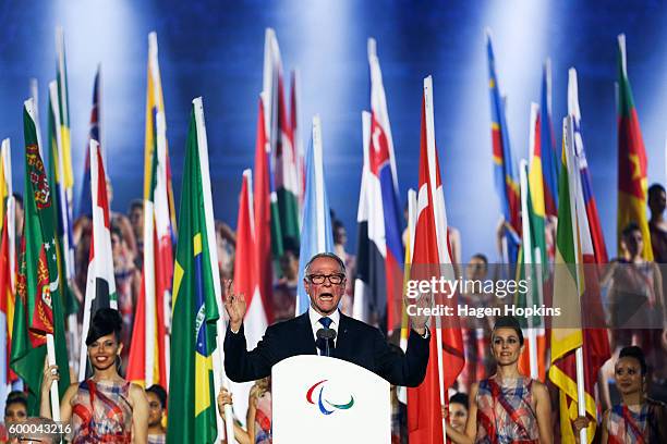 Rio 2016 President Carlos Arthur Nuzman makes a speech during the Opening Ceremony of the Rio 2016 Paralympic Games at Maracana Stadium on September...