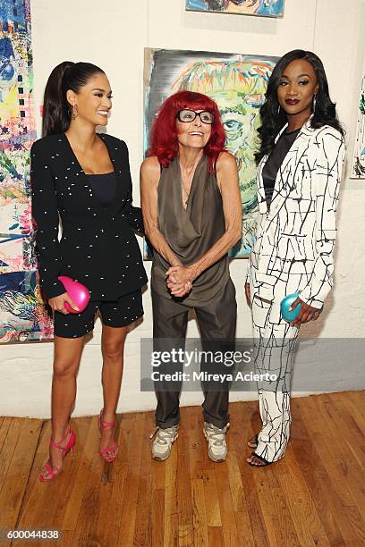 Miss Universe Pia Alonzo Wurtzbach, fashion designer Patricia Fields and Miss USA, Deshauna Barber attend the Patricia Field Art/Fashion Gallery...