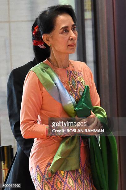 Myanmar's State Councellor and Foreign Minister Aung San Suu Kyi arrives for the ASEAN plus one bilateral meeting with India during the Association...
