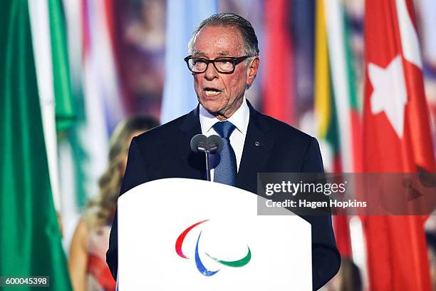 Rio 2016 President Carlos Arthur Nuzman makes a speech during the Opening Ceremony of the Rio 2016 Paralympic Games at Maracana Stadium on September...