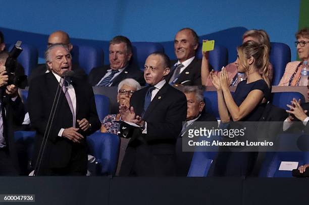 Brazilian President Michel Temer speaks during the Opening Ceremony of the Rio 2016 Paralympic Games at Maracana Stadium on September 7, 2016 in Rio...
