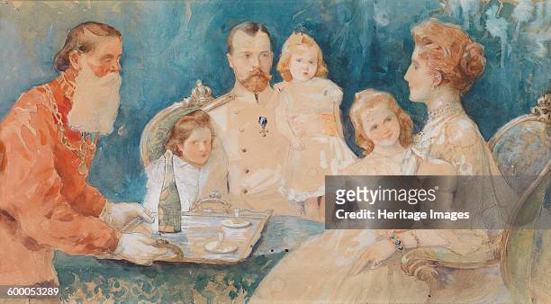 Tsar Nicholas II and Alexandra Fyodorovna with their Daughters Olga, Tatiana, Maria und Anastasia , 1902. Private Collection. Artist :...