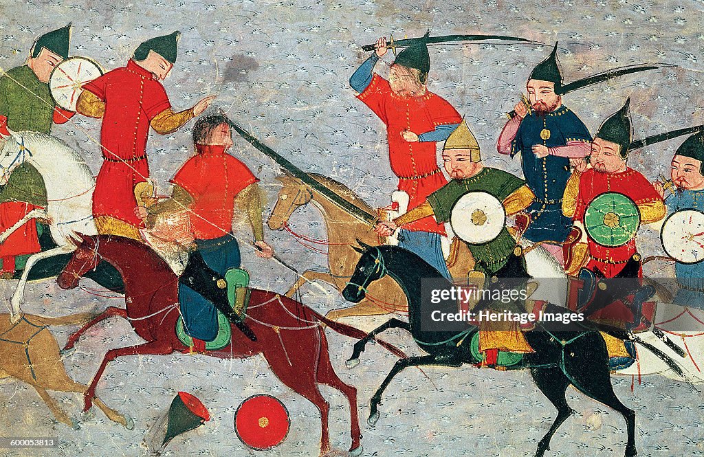 Ghenghis Khan in combat Miniature from Jami' al-tawarikh (Universal History), ca 1430