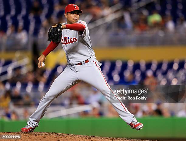 Jeanmar Gomez of the Philadelphia Phillies pitches during the game against the Miami Marlins at Marlins Park on September 5, 2016 in Miami, Florida.