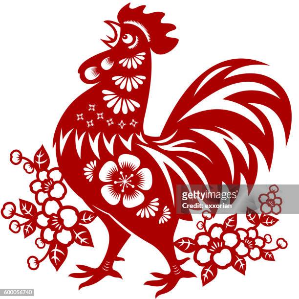 year of the rooster papercut - rooster print stock illustrations