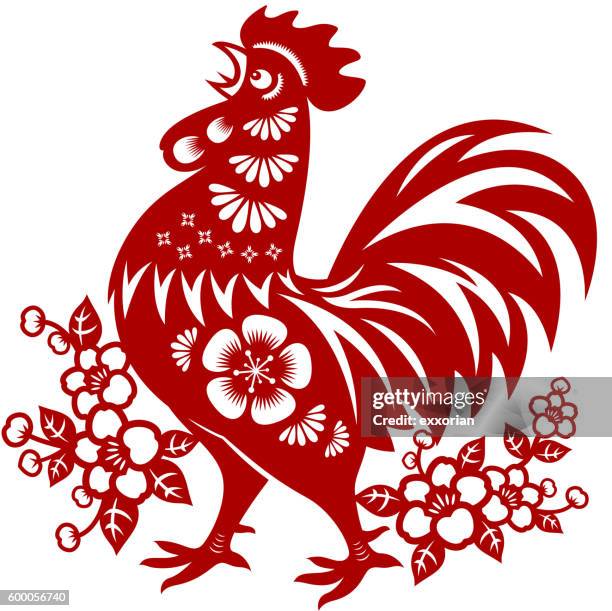 year of the rooster papercut - chinese zodiac animals stock illustrations