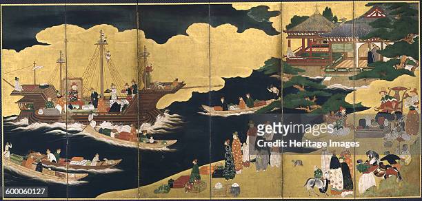 Arrival of a Portuguese ship. Nanban screen, ca. 1600. Found in the collection of Asian Art Museum, San Francisco. Artist : Anonymous.