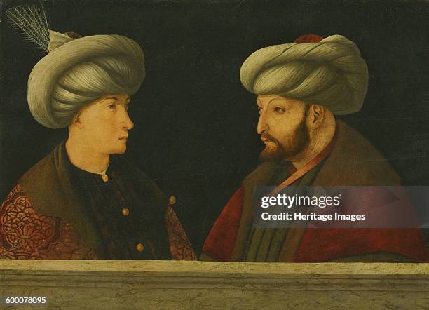 Portrait of Sultan Mehmed II with a young dignitary. Private Collection. Artist : Bellini, Gentile, .