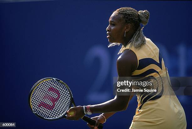 Serena Williams of the USA gets ready for her serve during the match against Martina Sucha of the Slovak Republic for the US Open at the USTA...
