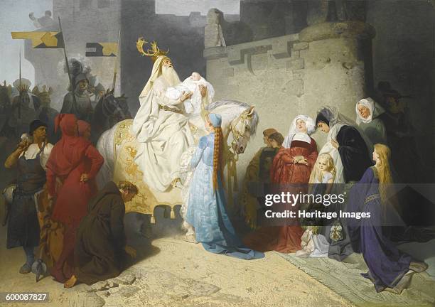 Merlin presenting the future King Arthur, 1873. Private Collection. Artist : Lauffer, Emil Johann .