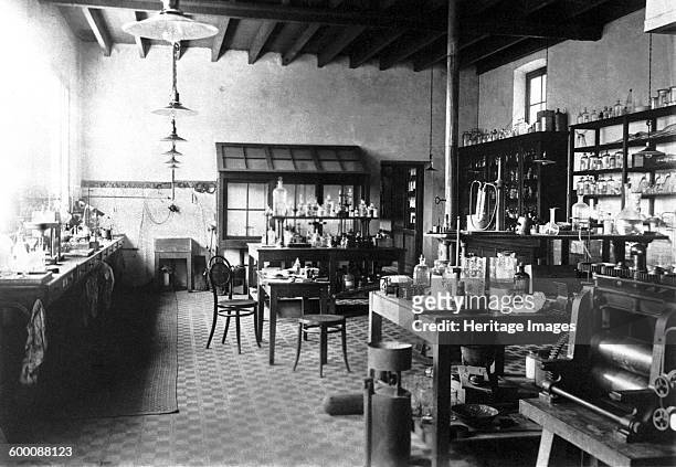 Laboratorium of Alfred Nobel at his Villa in Sanremo, 1890s. Found in the collection of Nobelmuseet Stockholm. Artist : Anonymous.