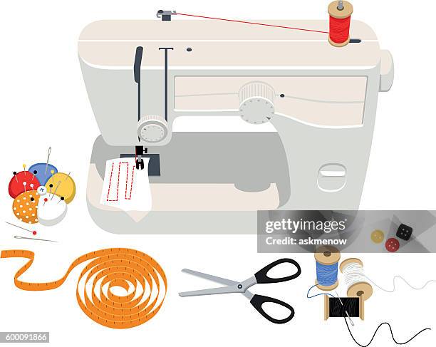 illustrations, cliparts, dessins animés et icônes de couture de fournitures - machine à coudre