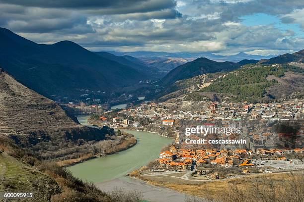 view of mtskheta from jvari monastery. georgia. - georgia country 個照片及圖片檔