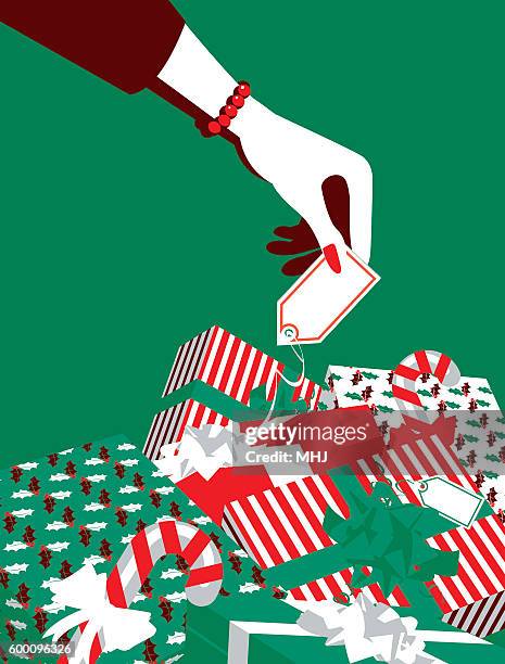 simple illustration woman’s hand and pile of gifts - mhj stock illustrations