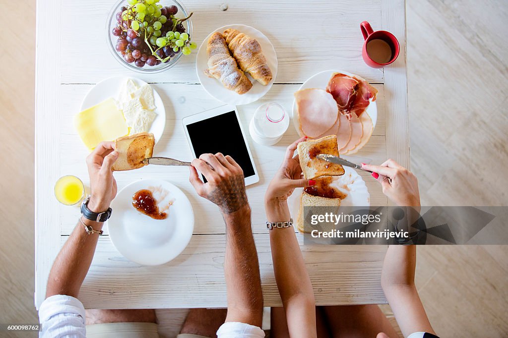 Above view of couple having breakfast