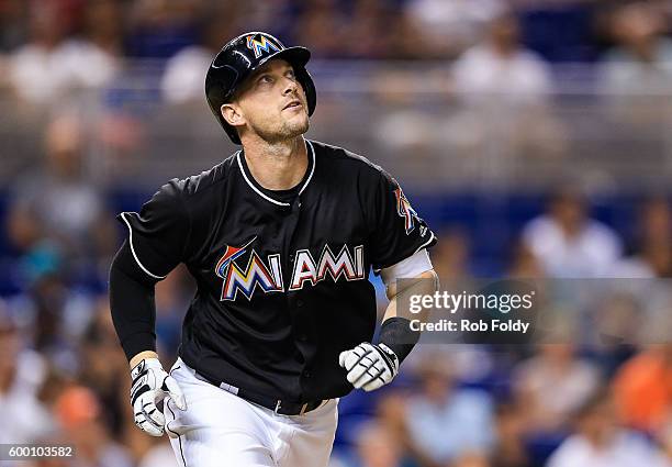 Chris Johnson of the Miami Marlins in action during the game against the San Diego Padres at Marlins Park on August 27, 2016 in Miami, Florida.