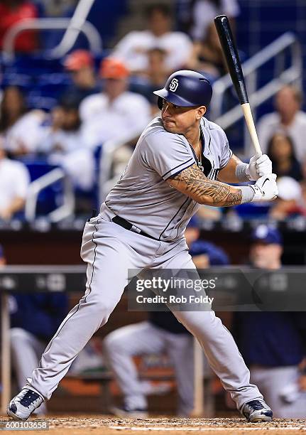 Oswaldo Arcia of the San Diego Padres at bat during the game against the Miami Marlins at Marlins Park on August 27, 2016 in Miami, Florida.