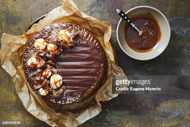 chocolate cake with nougat and caramel - chocolate cake above stock pictures, royalty-free photos & images