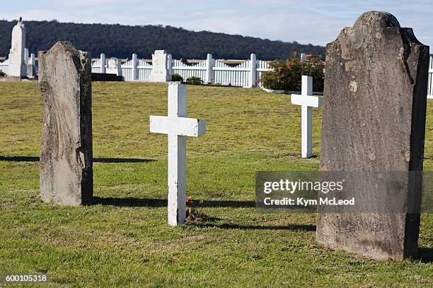 white crosses and tombstones in cemetery - grabstein stock-fotos und bilder