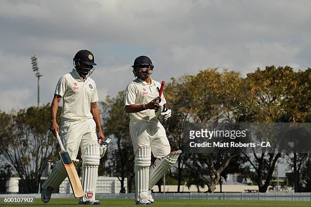 Manish Pandey and Karun Nair of India A leave the field after the second session during the Cricket Australia via Getty Images Winter Series match...