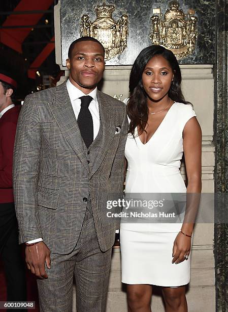 Basketball player Russell Westbrook and wife Nina Westbrook attend The Cartier Fifth Avenue Grand Reopening Event at the Cartier Mansion on September...