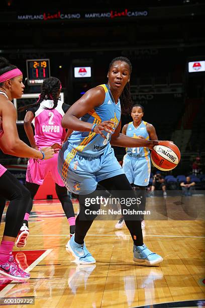 Clarissa dos Santos of the Chicago Sky handles the ball against the Washington Mystics on September 7, 2016 at the Verizon Center in Washington, DC....