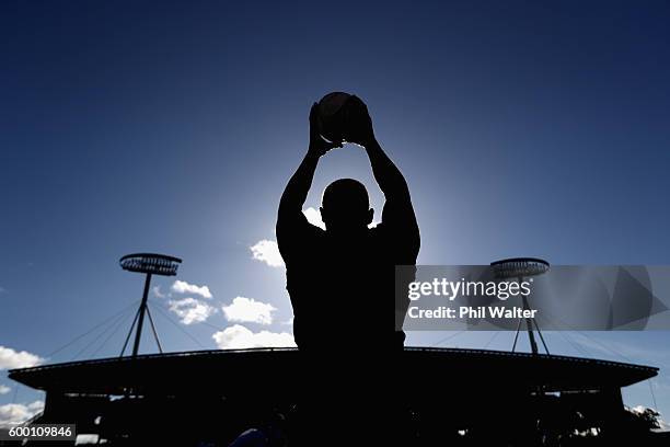 Dane Coles of the All Blacks throws the ball into the lineout during the New Zealand All Blacks training session at Waikato Stadium on September 8,...