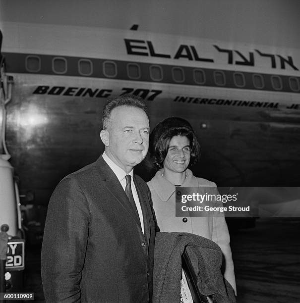 Major-General Yitzhak Rabin , chief of staff of the Israeli Defence Forces , at London Airport with his wife Leah , UK, 24th November 1967.