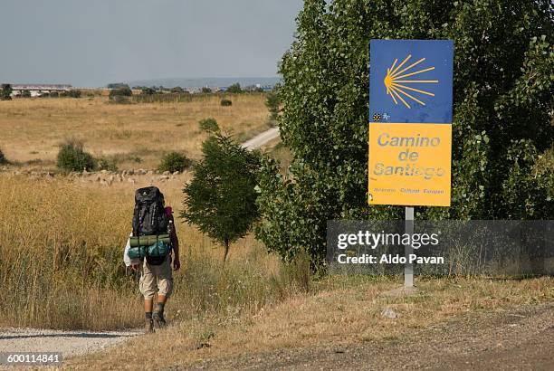 spain, leon, pilgrim on the camino de santiago - camino de santiago stockfoto's en -beelden