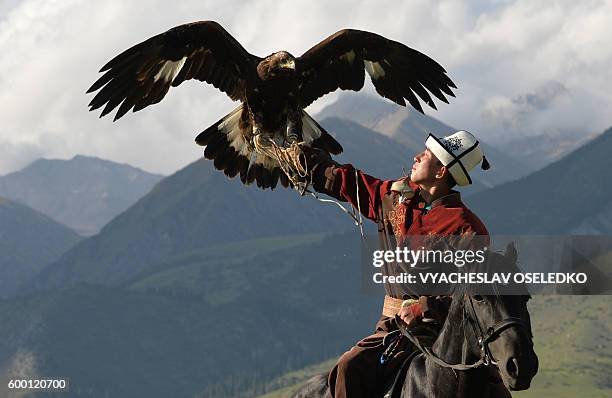 Kyrgyz berkutchi holds his bird, a golden eagle, during the World Nomad Games 2016 in the Kyrchin gorge, some 300 km from Bishkek on September 7,...