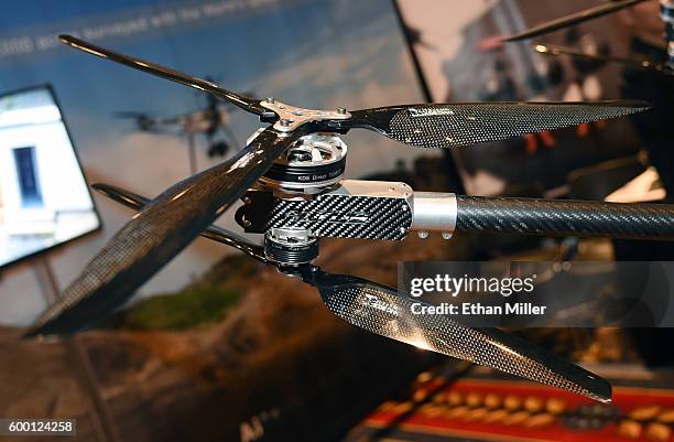 The staggered rotors on a Delta LRX drone by Altus Unmanned Aerial Solutions are displayed at InterDrone, an international drone conference and...