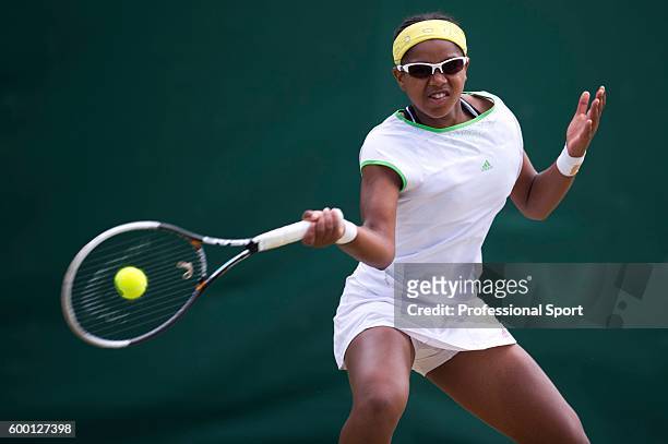 Victoria Duval of the United States in action during her match against Kateryna Kozolva of the Ukraine on Day Ten of the Wimbledon Lawn Tennis...