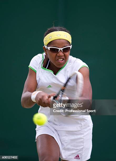Victoria Duval of the United States in action during her match against Kateryna Kozolva of the Ukraine on Day Ten of the Wimbledon Lawn Tennis...
