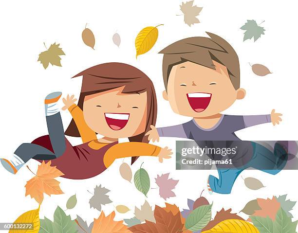 the kids jump on the autumn leaves - 6 7 years stock illustrations