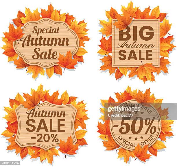 autumn leaf sale tags - retail environment stock illustrations