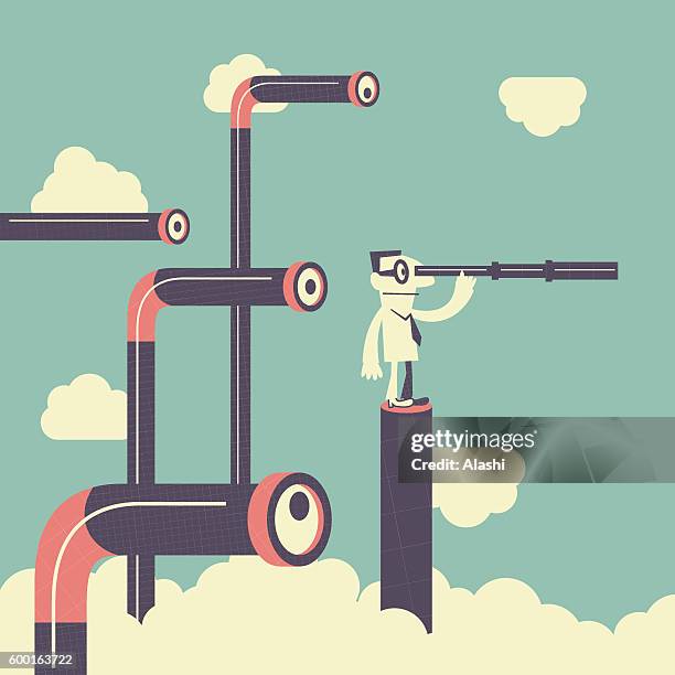 businessman looking with telescope, peeked by many periscopes - periscope stock illustrations