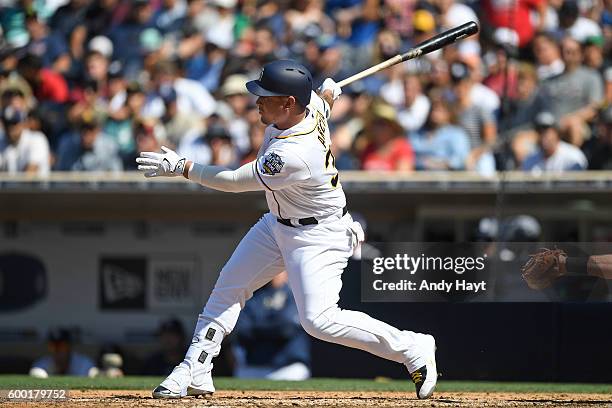 Oswaldo Arcia of the San Diego Padres hits during the game against the Boston Red Sox at PETCO Park on September 5, 2016 in San Diego, California.