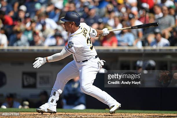 Oswaldo Arcia of the San Diego Padres hits during the game against the Boston Red Sox at PETCO Park on September 5, 2016 in San Diego, California.