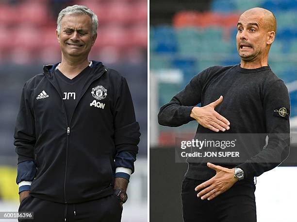 Combination of pictures created in London on September 8, 2016 shows Manchester United's Portuguese manager Jose Mourinho reacting during the...