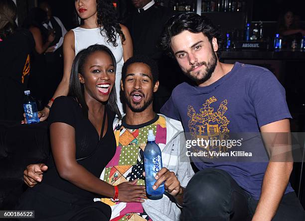 Actress Aja Naomi King and actors Alfred Enoch and Jack Falahee attend a private event at Hyde Staples Center hosted by AQUAhydrate for the Drake and...