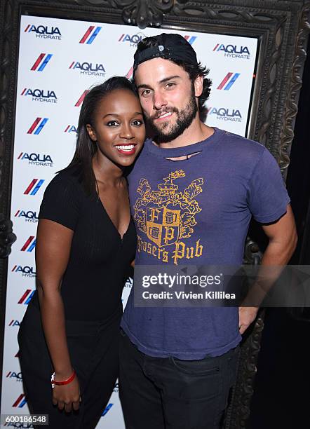 Actress Aja Naomi King and actor Jack Falahee attend a private event at Hyde Staples Center hosted by AQUAhydrate for the Drake and Future concert on...