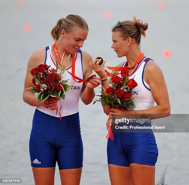 Bronze medalists Elise Laverick and Anna Bebington of Great Britain after winning the bronze medal during the Women's Double Sculls Final at the...