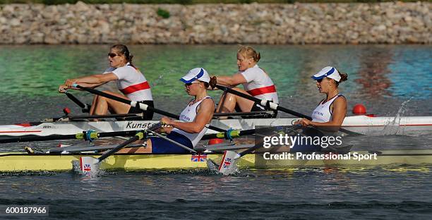 Elise Laverick and Anna Bebington of Great Britain en route to winning the bronze medal during the Women's Double Sculls Final at the Shunyi Olympic...