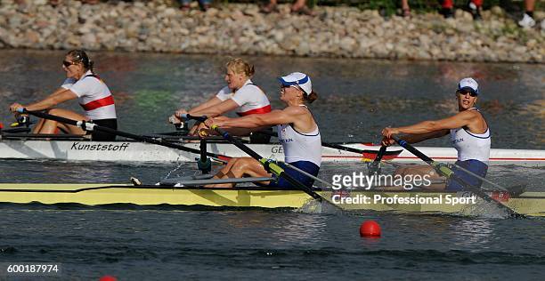 Elise Laverick and Anna Bebington of Great Britain en route to winning the bronze medal during the Women's Double Sculls Final at the Shunyi Olympic...