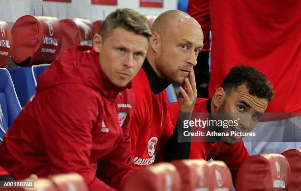 David Cotterill and Hal Robson-Kanu of Wales on the bench during the 2018 FIFA World Cup Qualifier between Wales and Moldova at the Cardiff City...