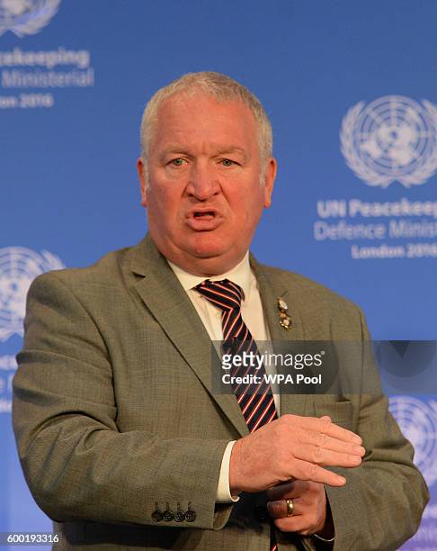 Armed Forces Minister Mike Penning speaks during the UN Peacekeeping Defence Ministerial at Lancaster House on September 8, 2016 in London, England.