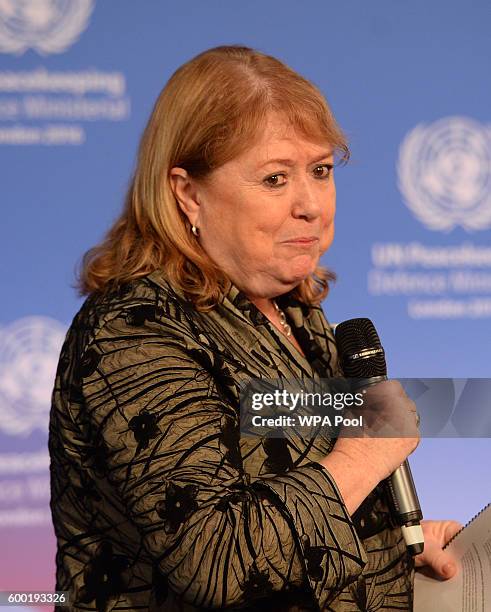 Argentina Foreign Minister Susana Malcorra speaks during the UN Peacekeeping Defence Ministerial at Lancaster House on September 8, 2016 in London,...