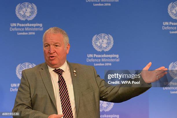 Armed Forces Minister Mike Penning speaks during the UN Peacekeeping Defence Ministerial at Lancaster House on September 8, 2016 in London, England.